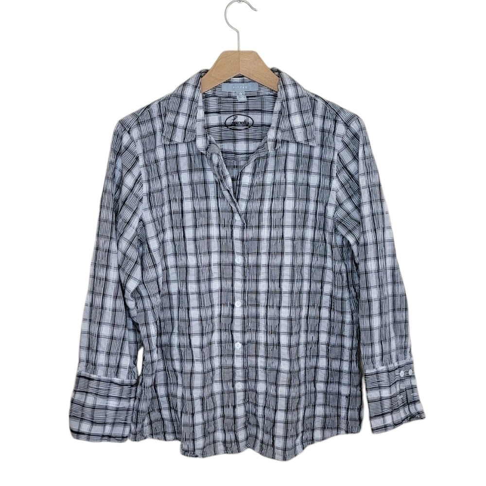 Foxcroft | Fitted Black White Textured Plaid Button Front Shirt Size 12